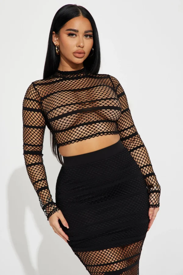 Flashy Girl Fishnet Skirt Set - Black - Image 2